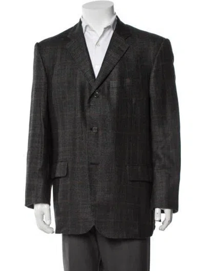 Pre-owned Neiman Marcus Cashmere Plaid Print Blazer In Grey