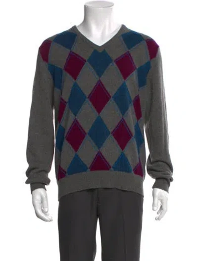 Pre-owned Neiman Marcus Cashmere Plaid Print Pullover In Gray