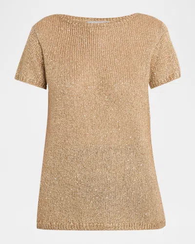 Neiman Marcus Cashmere Sequin Metallic Knit Top In Gold