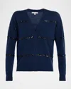 Neiman Marcus Cashmere Sequin Striped Cardigan In Blue