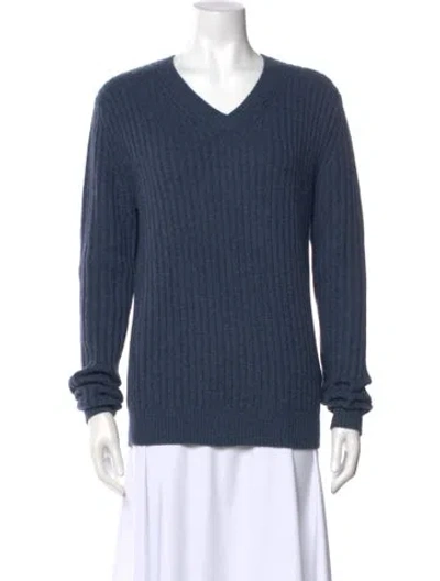 Pre-owned Neiman Marcus Cashmere V-neck Sweater In Blue