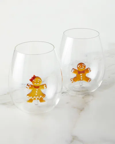 Neiman Marcus Christmas Gingerbread Stemless Wine Glasses, Set Of 2 In Transparent