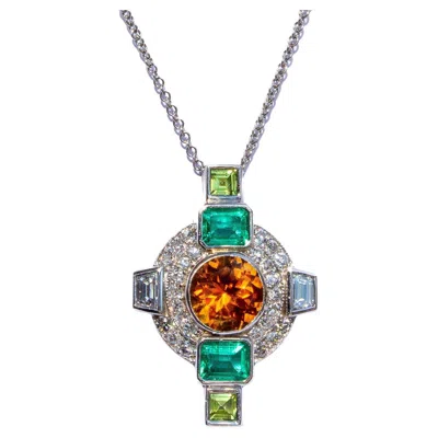 Pre-owned Neiman Marcus Citrine, Emerald And Peridot 18k White Gold Cross Pendant