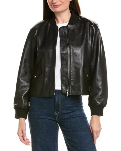 Neiman Marcus Cropped Zip Front Leather Bomber Jacket In Black