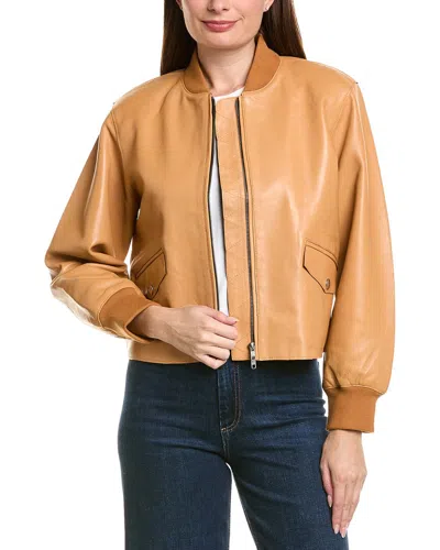 Neiman Marcus Cropped Zip Front Leather Bomber Jacket In Brown