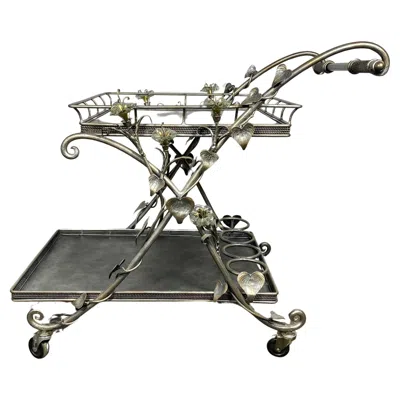 Pre-owned Neiman Marcus Decorative Italian Glass And Nickel Bar / Serving Cart. Blown Glass Flower's In Gray