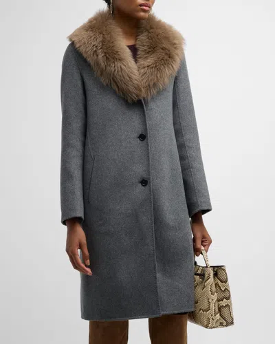 Neiman Marcus Double-faced Cashmere And Lamb Fur Coat In Heather Grey With Sable Fur