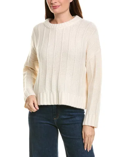 Neiman Marcus Drop Shoulder Crewneck Rib 100% Cashmere Pullover In White