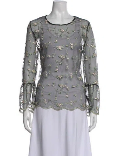 Pre-owned Neiman Marcus Floral Print Crew Neck Blouse In Gray