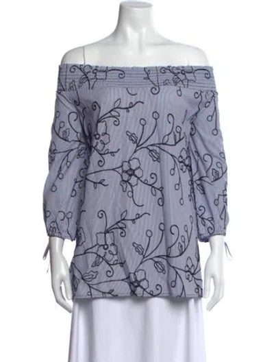 Pre-owned Neiman Marcus Floral Print Off-the-shoulder Blouse In Blue