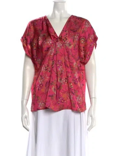 Pre-owned Neiman Marcus Floral Print V-neck Blouse In Pink