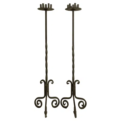 Pre-owned Neiman Marcus Gothic Wrought Iron Candelabras For Seven Candles, Twisted Stems & Tripod Bases In Black