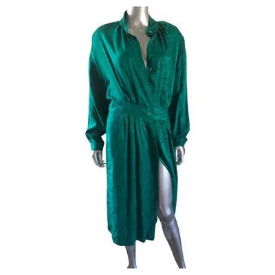 Pre-owned Neiman Marcus Kelly Green Silk Jacquard Button Front Dress Size 14