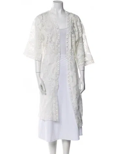 Pre-owned Neiman Marcus Lace Pattern Embroidered Accent Robe In White