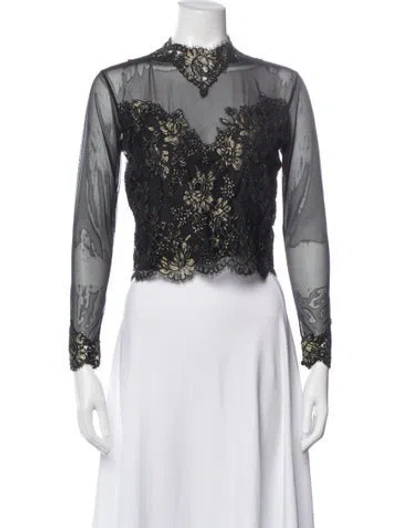Pre-owned Neiman Marcus Lace Pattern Mock Neck Blouse In Gray