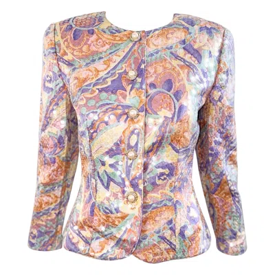 Pre-owned Neiman Marcus Late 1980s  Silk Sequin Floral Jacket Pearl Rhinestone Gold Buttons