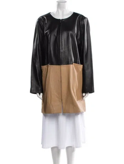 Pre-owned Neiman Marcus Leather Colorblock Pattern Faux Fur Coat In Multi