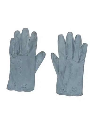 Pre-owned Neiman Marcus Leather Embroidered Gloves In Blue