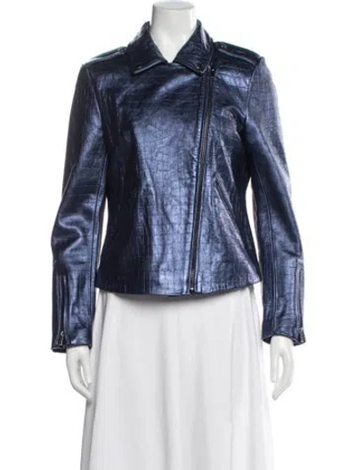 Pre-owned Neiman Marcus Leather Patterned Biker Jacket In Blue