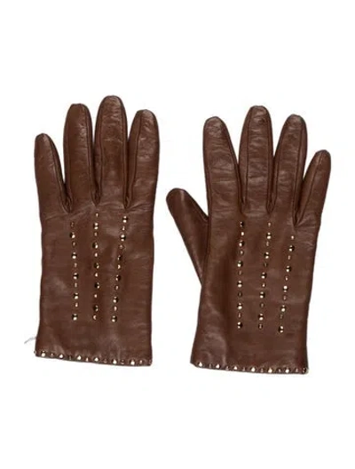 Pre-owned Neiman Marcus Leather Studded Gloves In Brown/gold