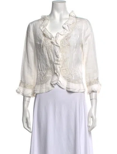 Pre-owned Neiman Marcus Linen Floral Print Blouse In White