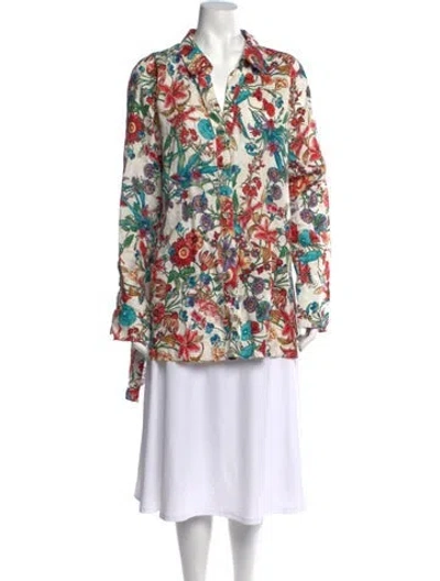 Pre-owned Neiman Marcus Linen Floral Print Blouse In White