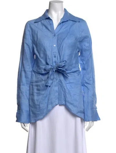 Pre-owned Neiman Marcus Linen Long Sleeve Button-up Top In Blue