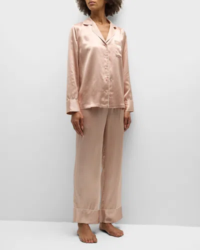 Neiman Marcus Long Silk Charmeuse Pajama Set In Quartz W White Piping