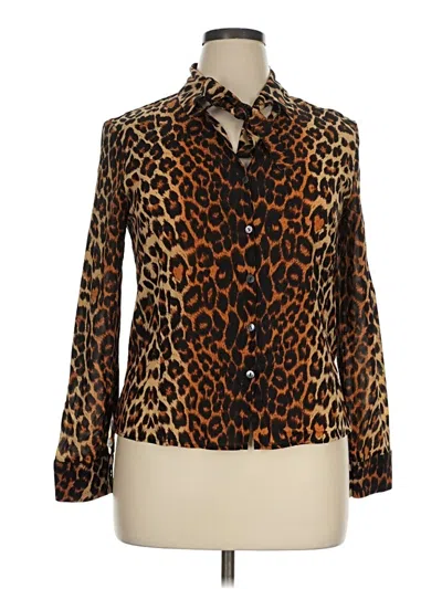 Pre-owned Neiman Marcus Long Sleeve Silk Top Brown Animal Print Pattern Tie Neck Tops