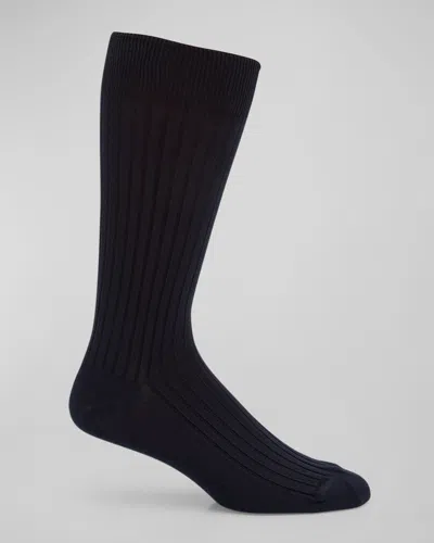 Neiman Marcus Men's 3-pack Ribbed Cotton Crew Socks In Navy