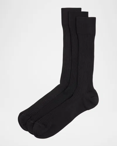Neiman Marcus Men's 3-pack Ribbed Crew Socks In Black