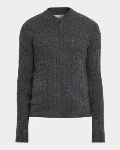 Neiman Marcus Men & Apos;s Cashmere Cable Knit Full-zip Sweater In Shield