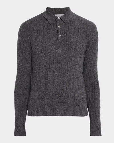 Neiman Marcus Men & Apos;s Cashmere Slim Rib-knit Polo Sweater In Shield