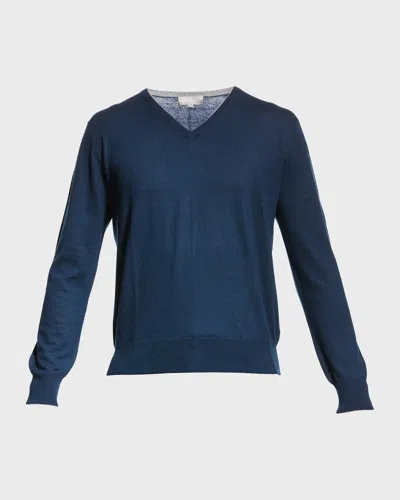 Neiman Marcus Men & Apos;s Extra Lightweight Wool-cashmere V-neck Sweater In Blue