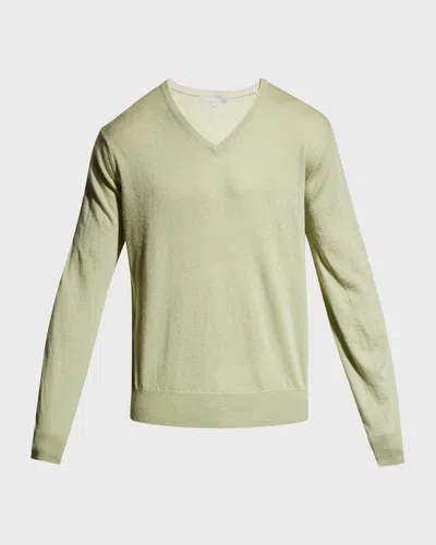 Neiman Marcus Men & Apos;s Extra Lightweight Wool-cashmere V-neck Sweater In Green