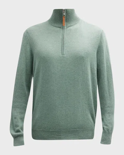 Neiman Marcus Men & Apos;s Wool-cashmere 1/4-zip Sweater In Green