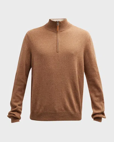 Neiman Marcus Men & Apos;s Wool-cashmere 1/4-zip Sweater In Brown