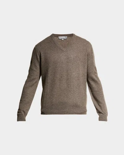 Neiman Marcus Men & Apos;s Wool-cashmere Knit V-neck Sweater In Brown