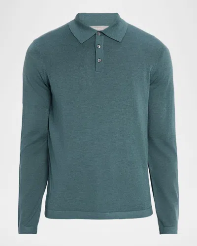 Neiman Marcus Men's Cashmere And Silk Knit Polo Sweater In Blue