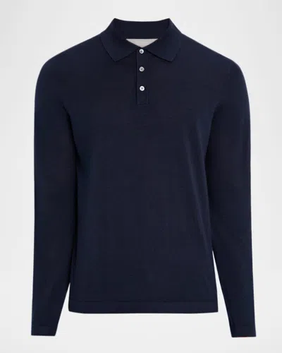 Neiman Marcus Men's Cashmere And Silk Knit Polo Sweater In Blue