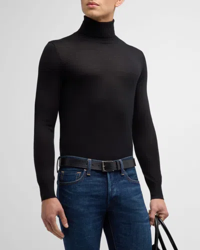 Neiman Marcus Men's Cashmere And Silk Turtleneck Sweater In Black