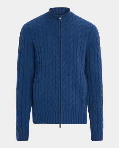 Neiman Marcus Men's Cashmere Cable Knit Full-zip Sweater With Pockets In Blue