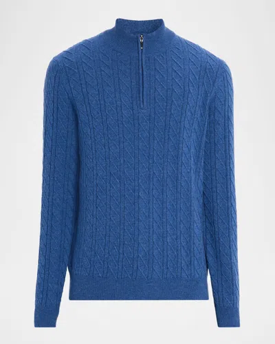 Neiman Marcus Men's Cashmere Cable Knit Quarter-zip Sweater In Blue