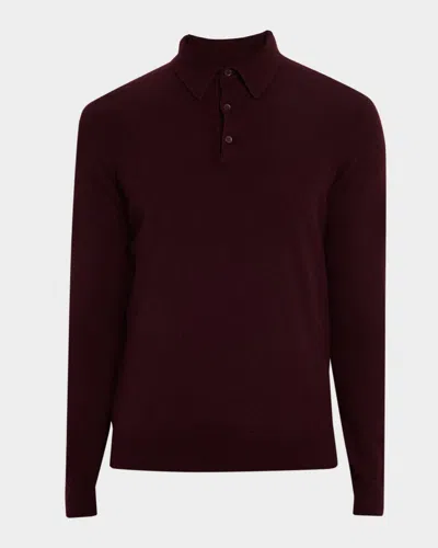 Neiman Marcus Men's Cashmere Long-sleeve Polo Sweater In Burgundy