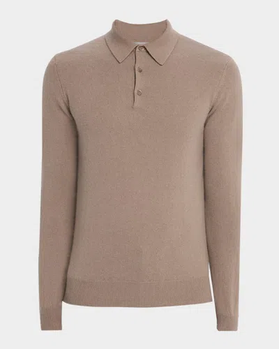 Neiman Marcus Men's Cashmere Long-sleeve Polo Sweater In Neutral