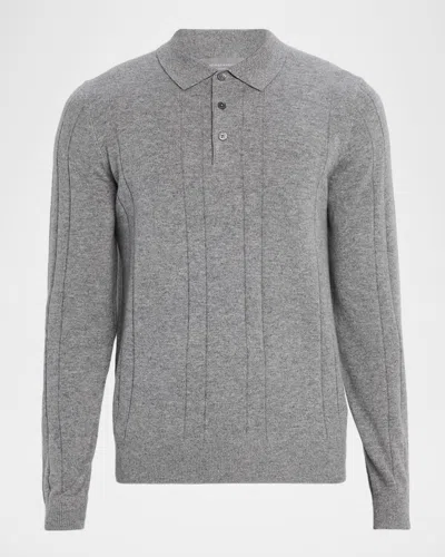 Neiman Marcus Men's Cashmere Mix-ribbed Polo Sweater In Gray