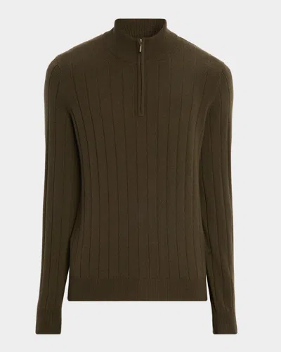 Neiman Marcus Men's Cashmere Rib Quarter-zip Sweater In Green