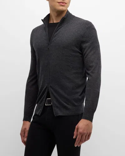 Neiman Marcus Men's Cashmere-silk Full-zip Sweater In Dark Grey