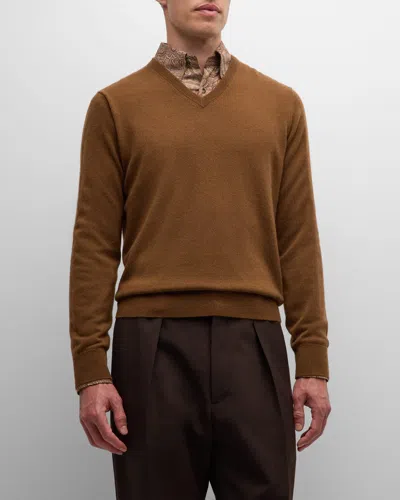 Neiman Marcus Men's Cashmere V-neck Sweater In Sable