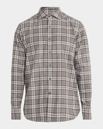 Neiman Marcus Men's Classic-fit Cotton Plaid Button-down Shirt In Gray